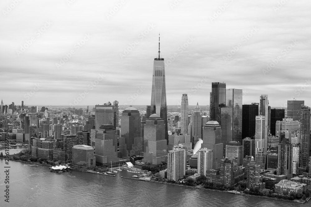 New York Skyline from above Black and White Image, Manhattan architecture photography, aerial view over New York city, New York city landscape