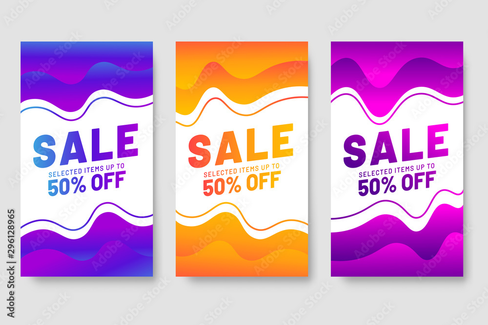Set of 3 modern gradient liquid design for mega sale banners. Sale banner template design, social media banner template, voucher, discount, season sale