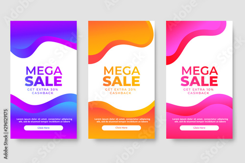 Set of 3 modern gradient liquid design for mega sale banners. Sale banner template design, social media banner template, voucher, discount, season sale