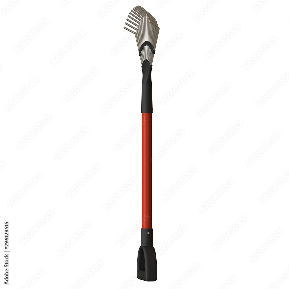 Garden rake on a white background, isolate. 3D rendering of excellent quality in high resolution. It can be enlarged and used as a background or texture.