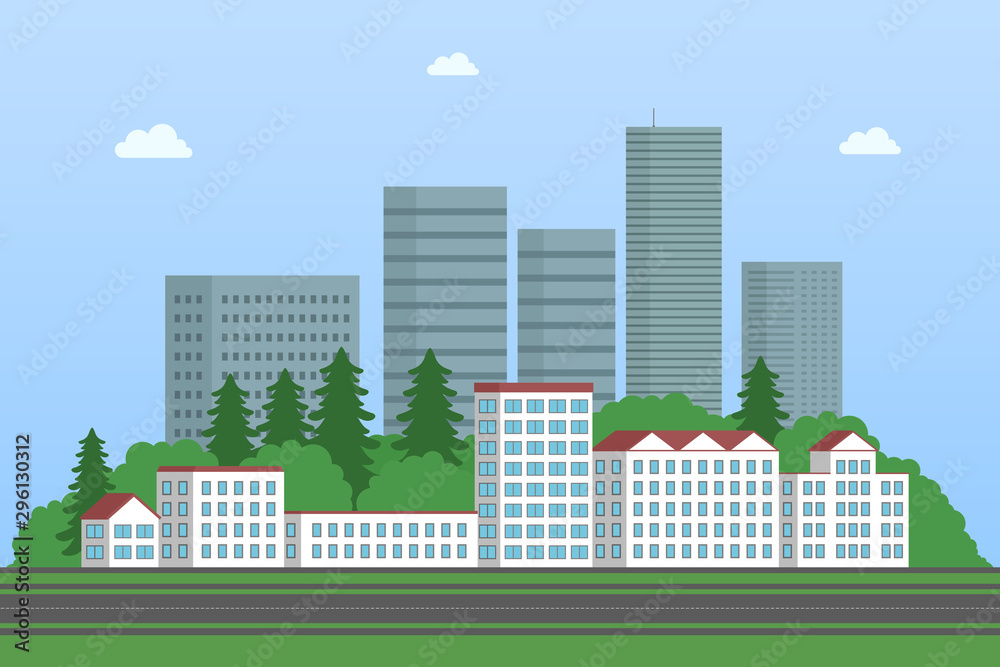 Skyscrapers, forest and apartment buildings. Cityscape. Vector illustration.