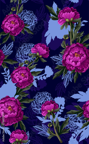 Seamless pattern with burgundy peonies. Vector.