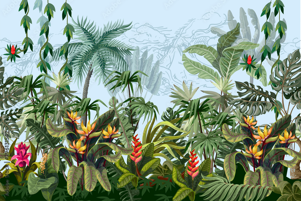 Obraz premium Granica z dżungli drzewami i kwiatami