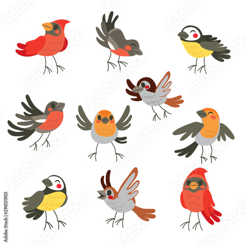 Cute collection set of ten funny birds in winter colors