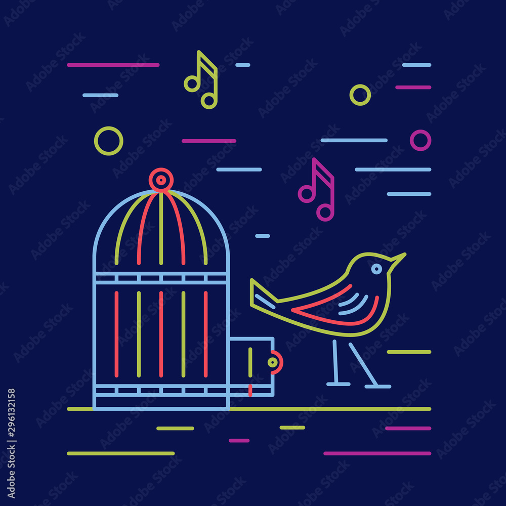 The bird fly out of the cage. Emancipation outline vector concept. Women's freedom line illustration.