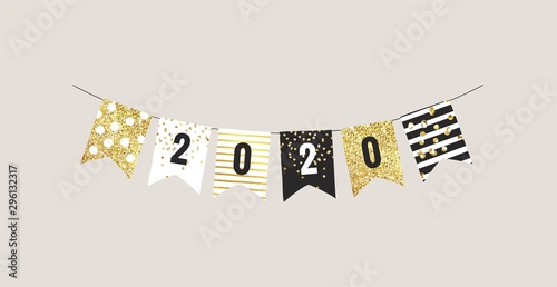 New year 2020 festive bunting flags with white, black and gold patterns. Vector illustration
