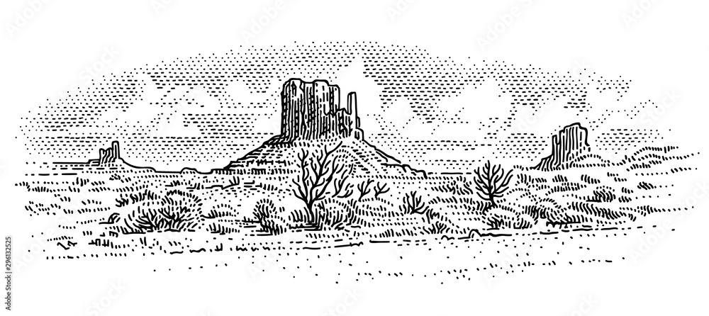 Fototapeta Amerykański krajobraz pustynny styl grawerowania rysunku. Szkic pustyni. Monument Valley. Arizona. Wektor. Niebo w osobnej warstwie.