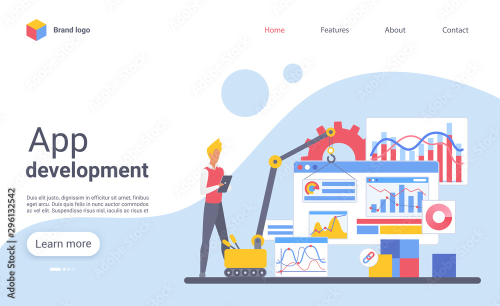 App development landing page vector template. Mobile programming website homepage interface layout with flat illustration. Application creation business web banner, webpage cartoon concept