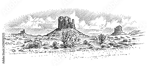 American desert landscape engraving style drawing. Desert sketch. Monument Valley. Arizona. Vector. Sky in separate layer.  photo