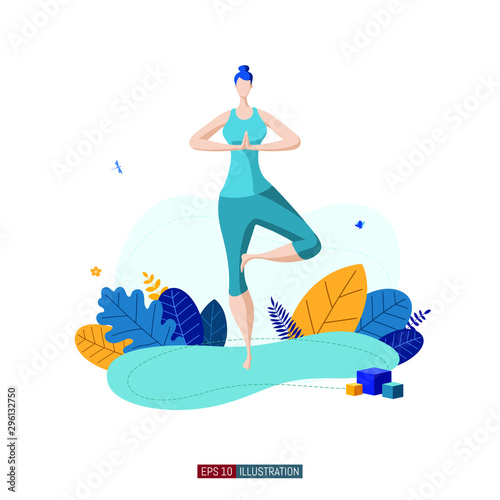 Trendy flat illustration. Girl doing yoga. Activity. Fitness. Life style.Template for your design works. Vector graphics.