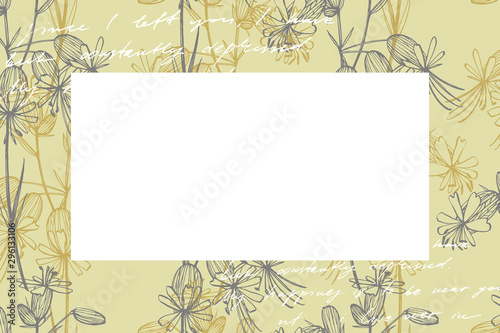 Hand drawn flowers and plants teamplate horizontal cards. Handwritten abstract text wallpaper. Imitation of a abstract vintage lettering. Botany, vintage flowers