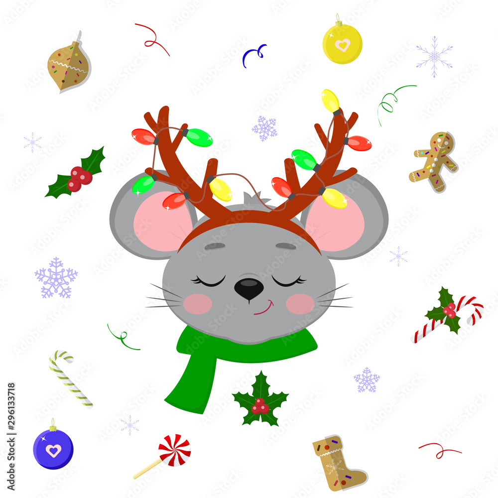 Happy New Year and Merry Christmas. Cute mice or rats with closed eyes in deer horns with garlands and a green scarf. Christmas elements. Year of the rat. Cartoon, flat style, vector Happy New Year and Merry Christmas. Cute mice or rats with closed eyes in deer horns with garlands and a green scarf. Christmas elements. Year of the rat. Cartoon, flat style, vector