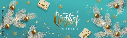 Christmas and New Year design, white Christmas tree branch, realistic gold balls, gift box and golden snowflakes on turquoise background. Hand lettering inscription. Festive horizontal vector banner