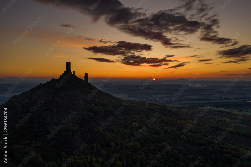 At the top of the mountain there is the ruin of a mediaeval castle, of which two towers and some wall fragments are still standing At the top of the mountain there is the ruin of a mediaeval castle, of which two towers and some wall fragments are still standing