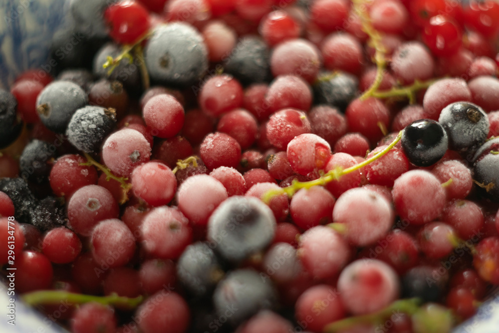 Blurred defocused frozen ripe red and black currants on branches in plate, selective focus, blurred background, soft focus