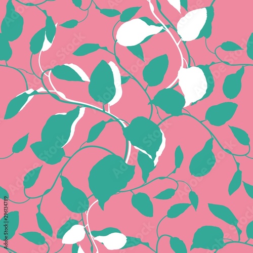 Tropic summer painting seamless pattern with exotic green liana branch silhouette. Trendy exotic flower wallpaper on pink background.