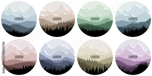 A set of eight round logo for camping, hunting season. Silhouette of spruce forest and mountains on the horizon. Birds are flying. Calmness, pacification. In multicolored tones.