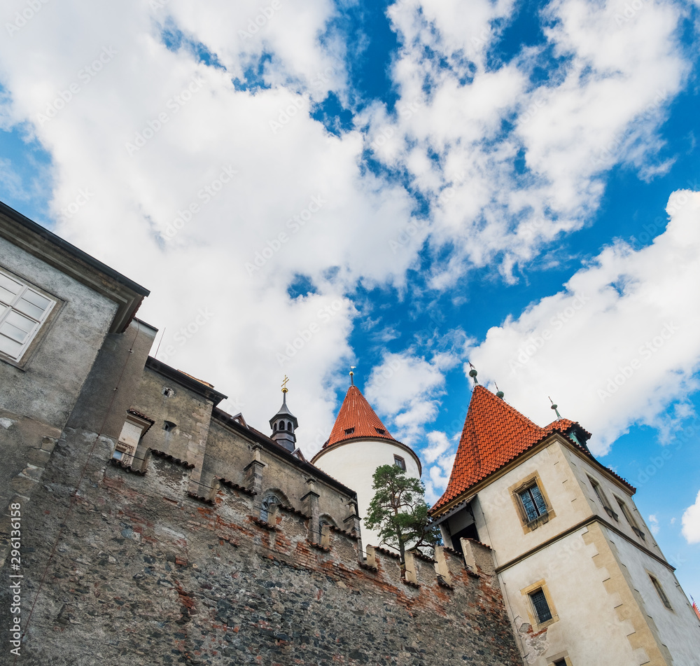 Panoramic bottom view of famous medieval Krivoklat Castle in Bohemia, Czech Republic. It is royal castle museum, tourist destination and place for theatrical exhibitions.