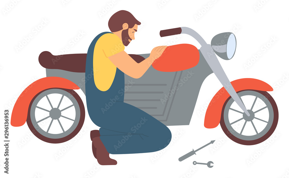 Man Repairing Motorcycle isolated cartoon character. Mechanic fixing  motorbike, maintenance of transport vehicle. Biker with spanner and repair  equipment. Vector illustration in flat cartoon style Stock Vector | Adobe  Stock