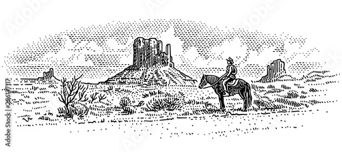 Cowboy in American desert landscape, western landscape engraved line illustration, wild west. Vector, sky in separate layer. 