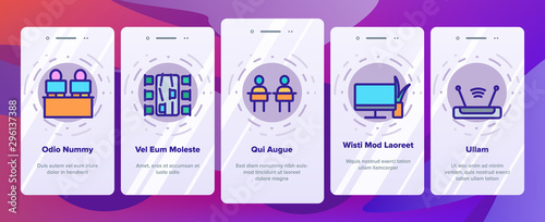 Coworking Onboarding Mobile App Page Screen Vector Thin Line. Working Table Place With Computer, Laptop And Lamp, Tea Cup And Clock Coworking Concept Linear Pictograms. Color Contour Illustrations