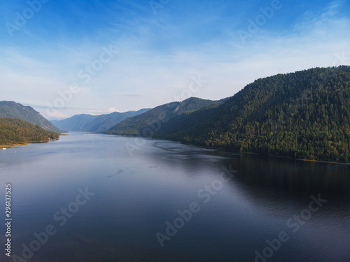 Aerial view on Teletskoye lake in Altai mountains, Siberia, Russia. Drone shot. Beauty summer day.