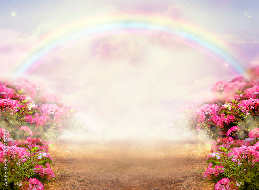 Fantasy panoramic photo background with pink rose garden, misty path  leading to fabulous rainbow unicorn house. Idyllic tranquil morning scene  and empty copy space. Road goes across hills to fairytale Stock Photo |