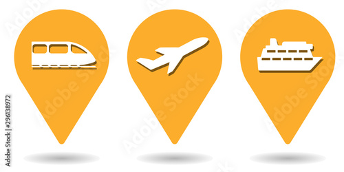Location pins for train, aeroplane and cruise ship side view