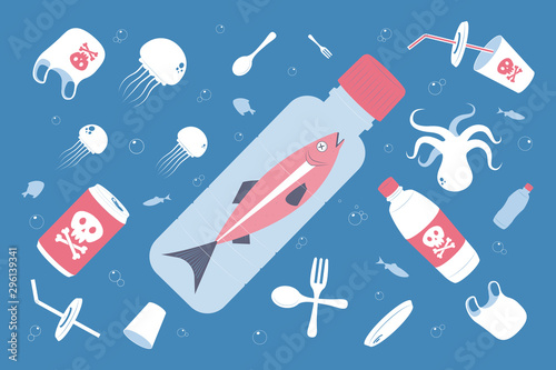 Water pollution. Plastic waste in ocean. Dead fish swimming in water full of garbage. Vector Illustration.