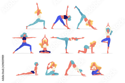 Woman activities. Set of women doing sports, yoga, dancing, running, jogging, jumping, fitness. Sport women vector flat illustration isolated on white background in different poses - Vector