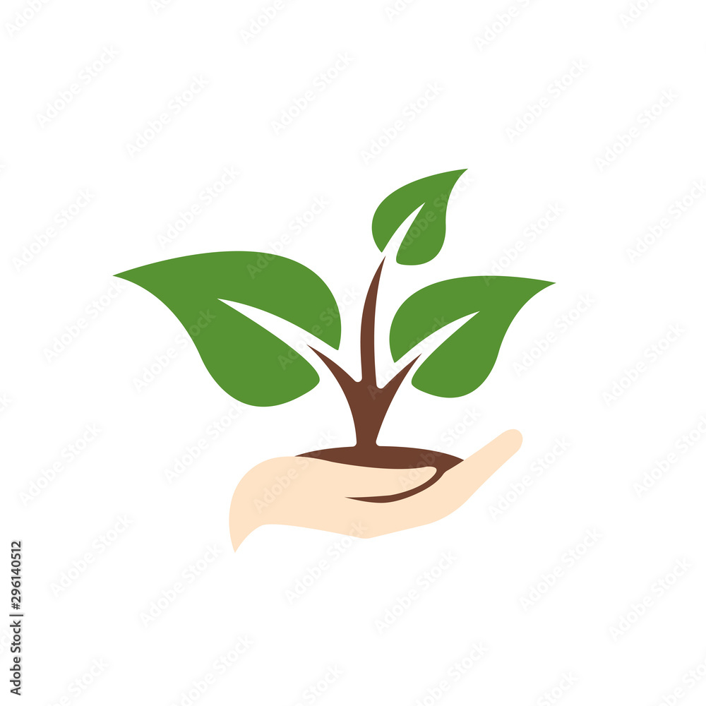 Young plant in hand. Human hand holding handful of soil with growing young green sprout of plant. Vector illustration Young plant in hand. Human hand holding handful of soil with growing young green sprout of plant. Vector illustration