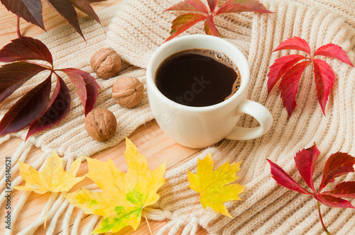 Cup of coffee  warm scarf and scattered autumn leaves on wooden table