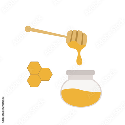 Honey in jar with dipper on white background. Wooden honey stick with yellow drops. Flat style. Vector illustration