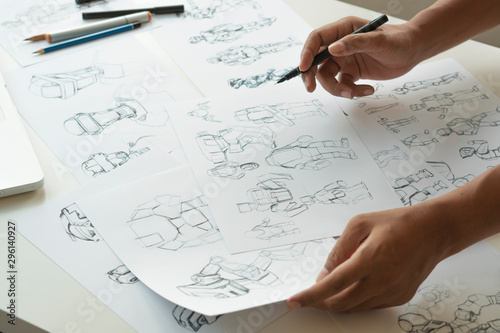 Animator designer Development designing drawing sketching development creating graphic pose characters sci-fi robot Cartoon illustration animation video game film production , animation design studio.