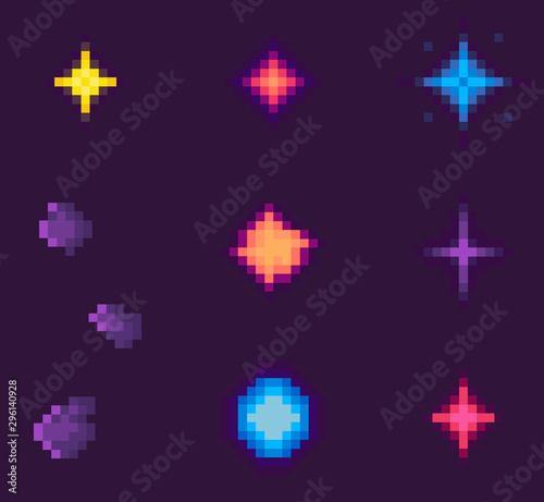 Pixel game elements vector, isolated galaxy with asteroids and stars celestial bodies on sky, outer space pixelated icons, explosion burst dust flats style. Pixelated space objects for video-game