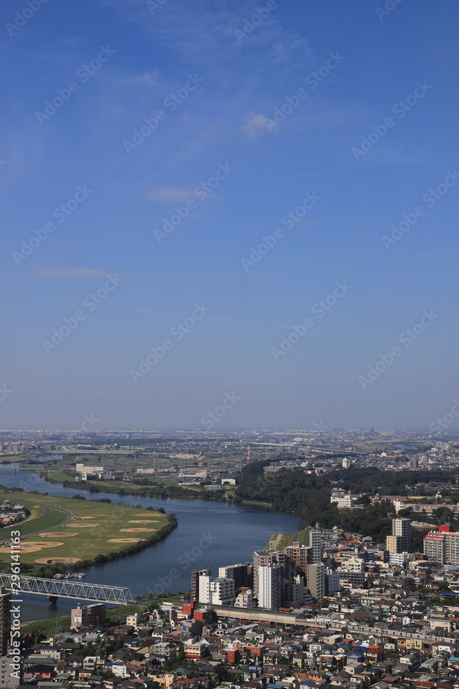 Aearial view of Edogawa River, Ichikawa, Japan