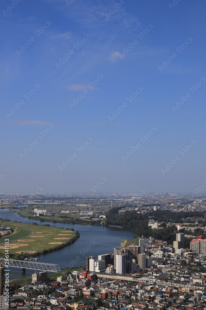 Fototapeta premium Aearial view of Edogawa River, Ichikawa, Japan