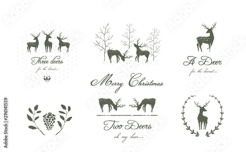 Reindeers or Deers silhouettes logo design collection with nature elements, fir trees, and floral laurel.