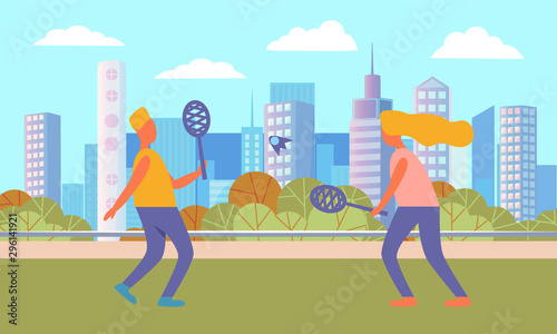 People in park relaxing at weekends, man and woman with rockets hobby of couple. Cityscape and active lifestyle of pair, skyline with skyscrapers. Vector illustration in flat cartoon style