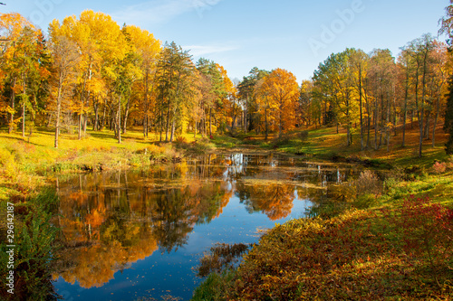 Wonderful autumn landscape with beautiful yellow and orange colored trees, lake or river