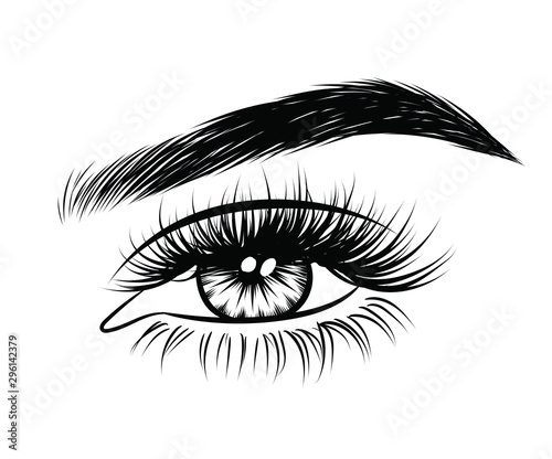 Abstract fashion illustration of the eye with creative makeup. Hand drawn vector idea for business visit cards, templates, web, salon banners,brochures. Natural eyebrows and glam eyelashes