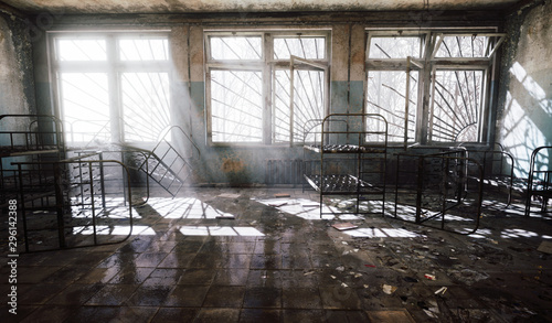 Chernobyl abandoned building hospital sun light window