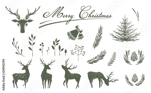 Holiday Christmas or New Year monochrome black and white silhouettes with deer, fir tree, pine, cone, and lettering.