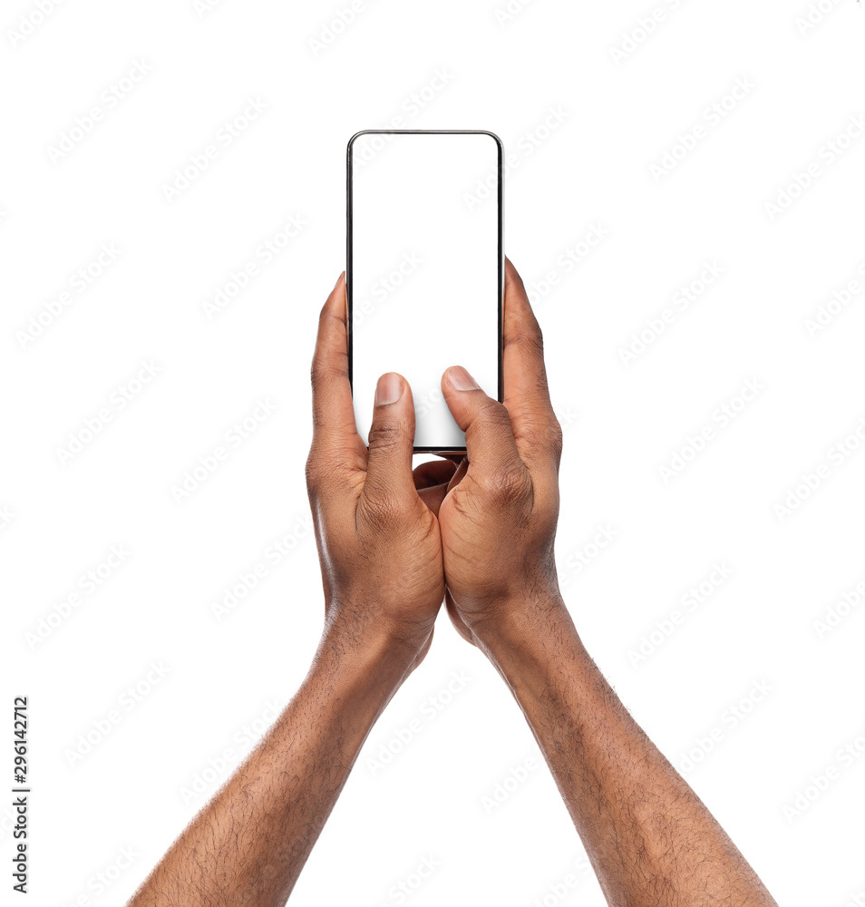 Black man's hands typing message on smartphone with blank screen Black man's hands typing message on smartphone with blank screen