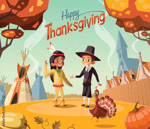 Thanksgiving day scene,Pilgtrim  and Indian salute each other