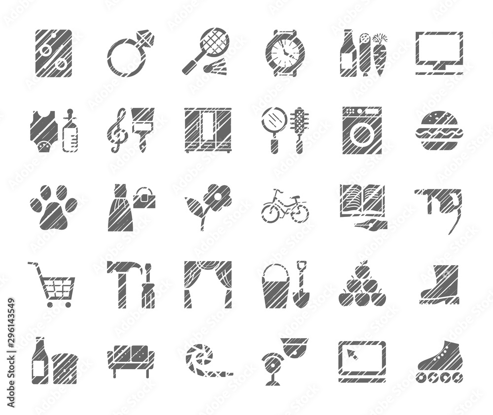 Stores, one-color flat icons, shading, vector. Different categories of goods. Imitation of pencil hatching. Gray icons on a white field.  