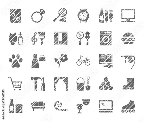 Stores  one-color flat icons  shading  vector. Different categories of goods. Imitation of pencil hatching. Gray icons on a white field.  