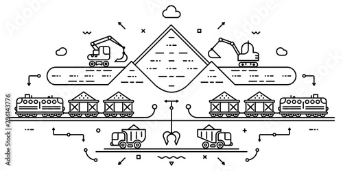 Global concept of extraction minerals, soil, sand, gravel. Extraction with excavator and transportation with dumper truck and freight train. Flat infographics. Linear illustration.