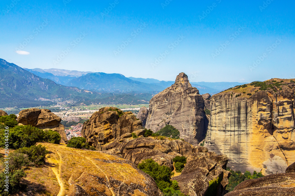 Scenic Meteora Valley view with rock formations, Eastern Orthodox monastery complex of Meteora, Central Greece