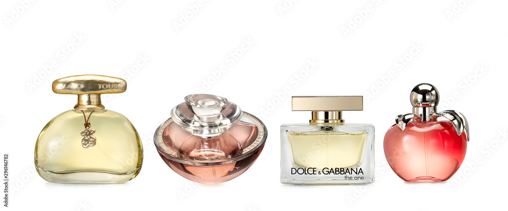 Barcelona- Spain- July 2017- Studio shot of Luxury fragrances for woman  against white background.Fine and luxury brands: Tous, Insolence by  Guerlain, Dolce Gabbana The One, Nina Ricci foto de Stock | Adobe